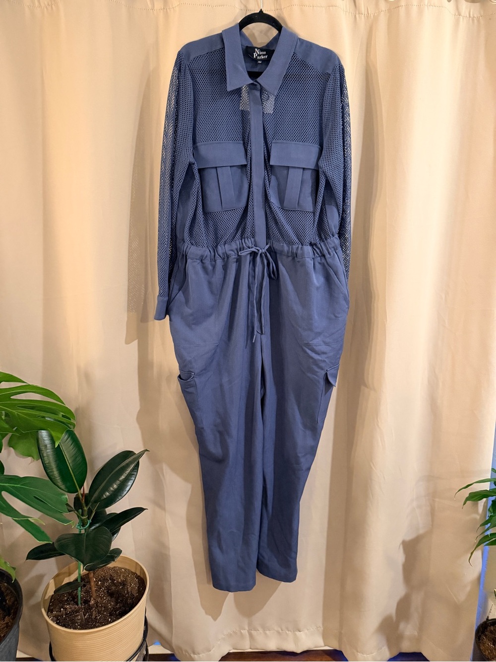 Blue Mesh-Panel Utility Jumpsuit